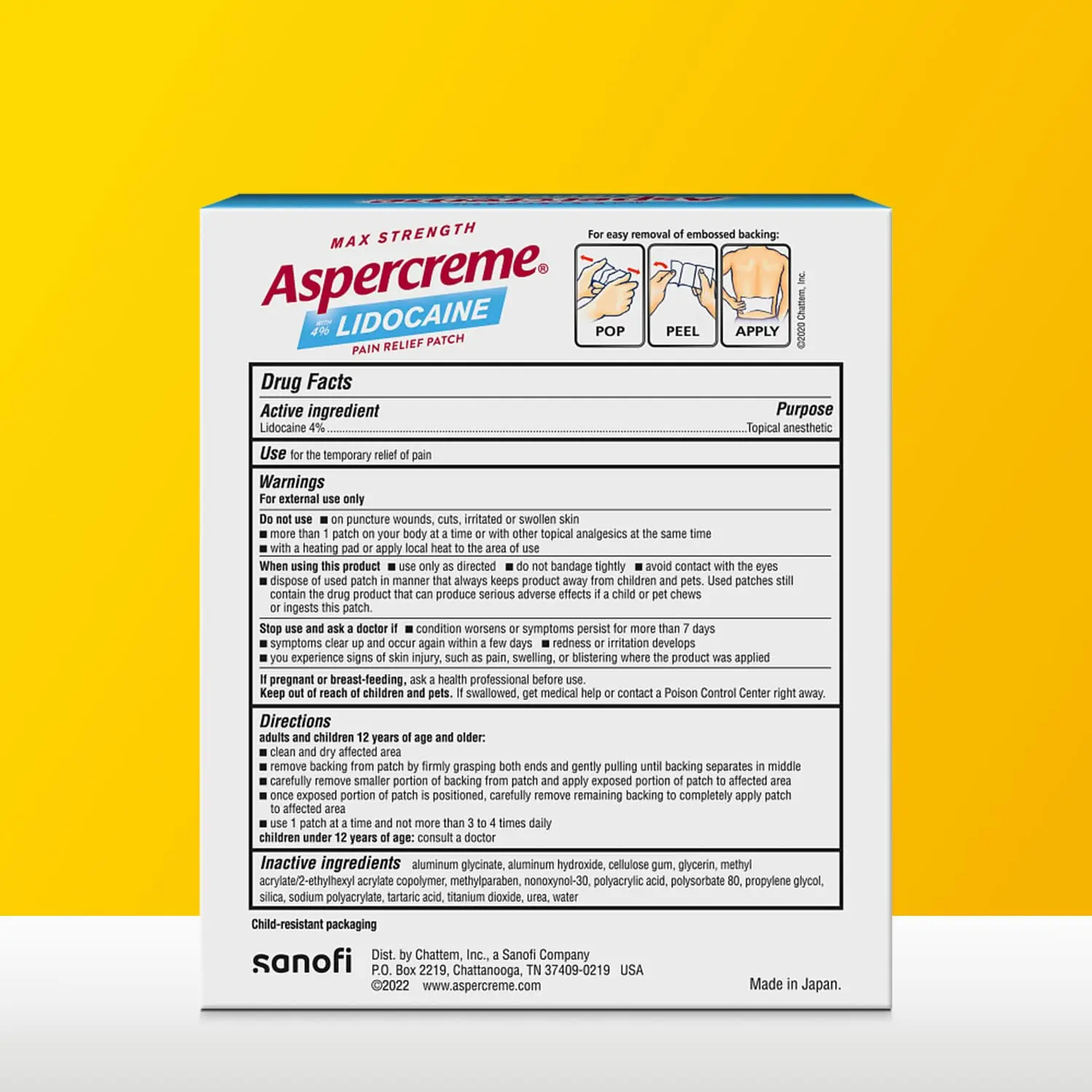 Image of five Aspercreme odor-free max strength lidocaine pain relief patches designed to target and relieve back pain and sore muscles.