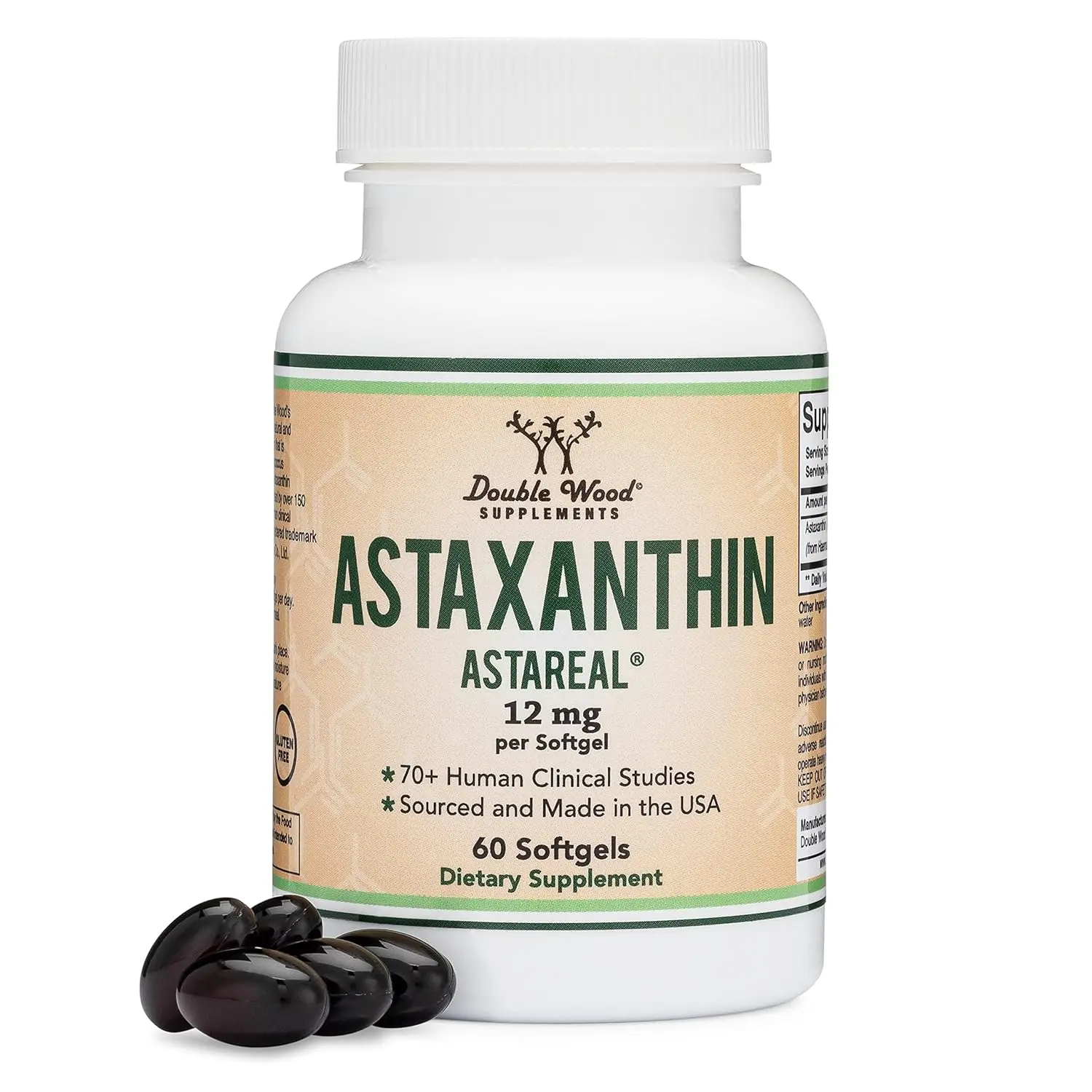 Double Wood Astaxanthin 12mg softgels, made with AstaReal, the world's most studied astaxanthin brand, grown and harvested in the USA, for potent antioxidant support.