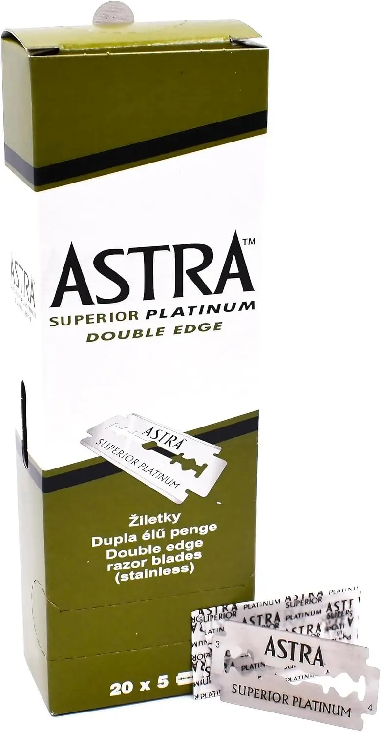 One hundred Astra platinum-coated double edge safety razor blades made in India, packaged in 20 packs of 5 blades each.