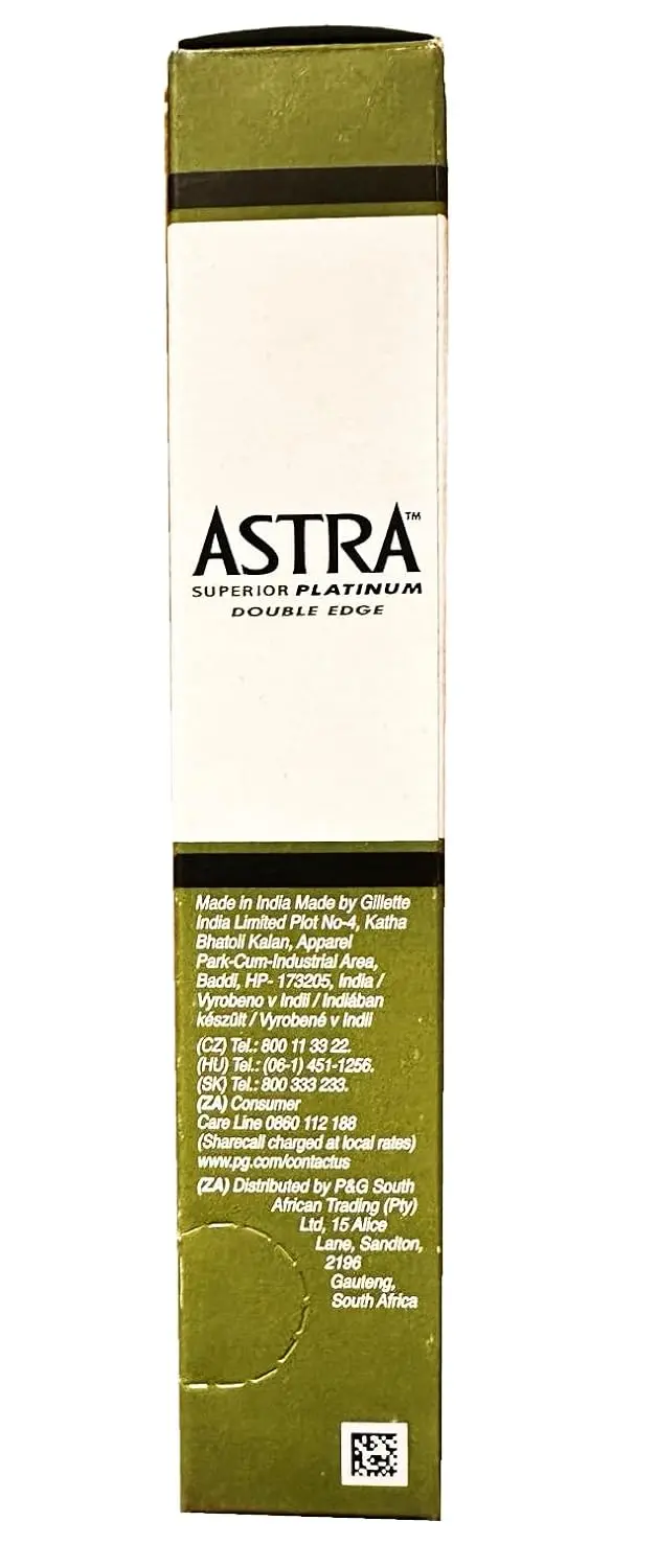 One hundred Astra platinum-coated double edge safety razor blades made in India, packaged in 20 packs of 5 blades each.
