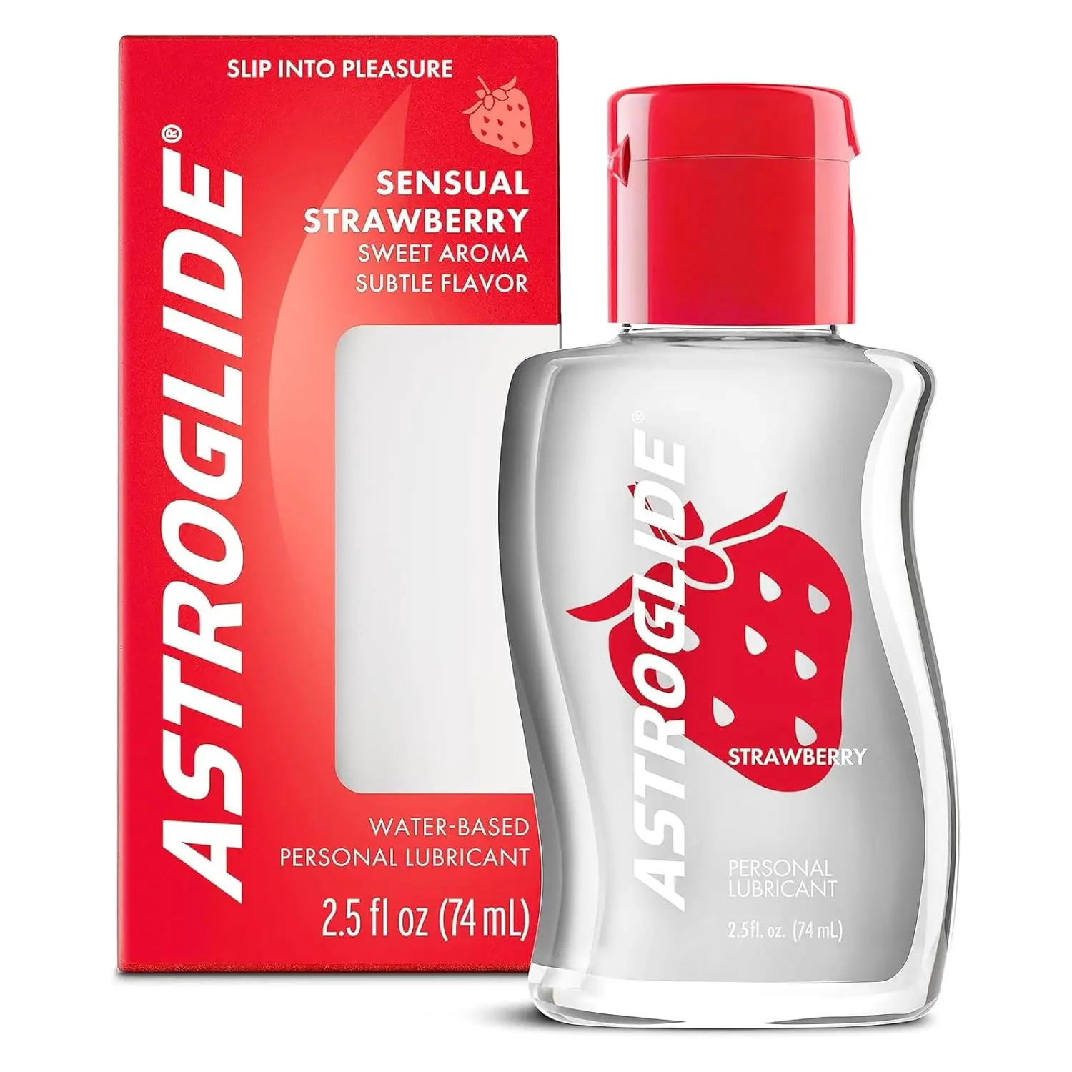Astroglide strawberry flavored water based personal lubricant in hygienic packaging, formulated with care for enhanced pleasure.