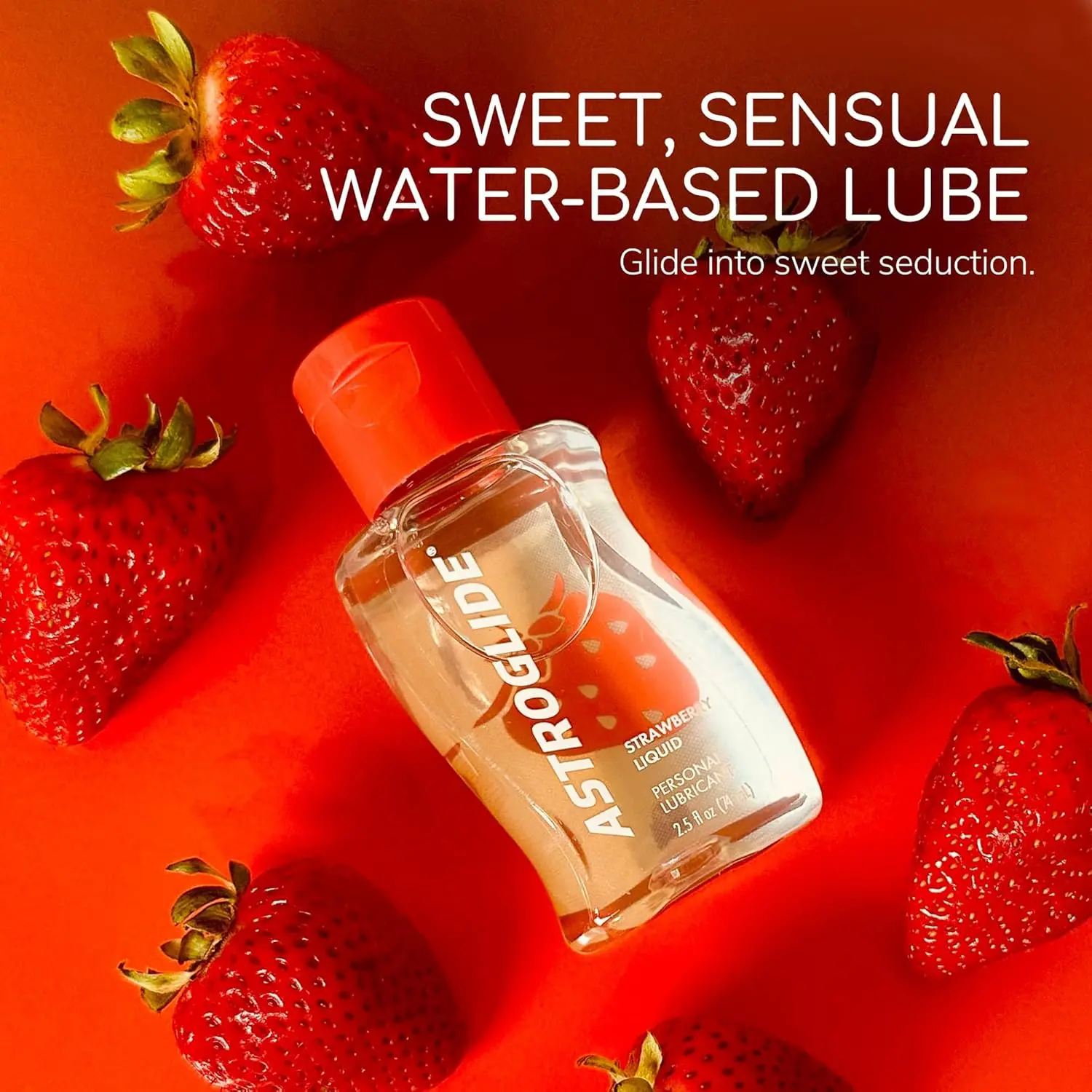 Astroglide strawberry flavored water based personal lubricant in hygienic packaging, formulated with care for enhanced pleasure.