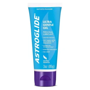 A 3oz bottle of Astroglide Ultra Gentle Gel, a water-based personal lubricant for sensitive skin.