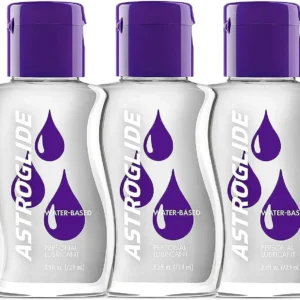 Three bottles of Astroglide water-based personal lubricant provide long-lasting, moisture to enhance intimate activity and relieve dryness, safe to use with condoms.