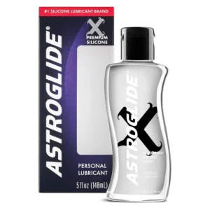 A bottle of Astroglide X silicone personal lubricant, a waterproof and long-lasting formula perfect for sensitive skin and condom use.