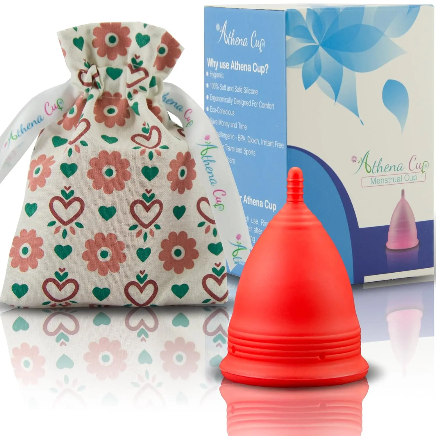 Athena reusable menstrual cup in larger size, made of soft silicone with form fit rim for easy insertion and up to 12 hours of protection.
