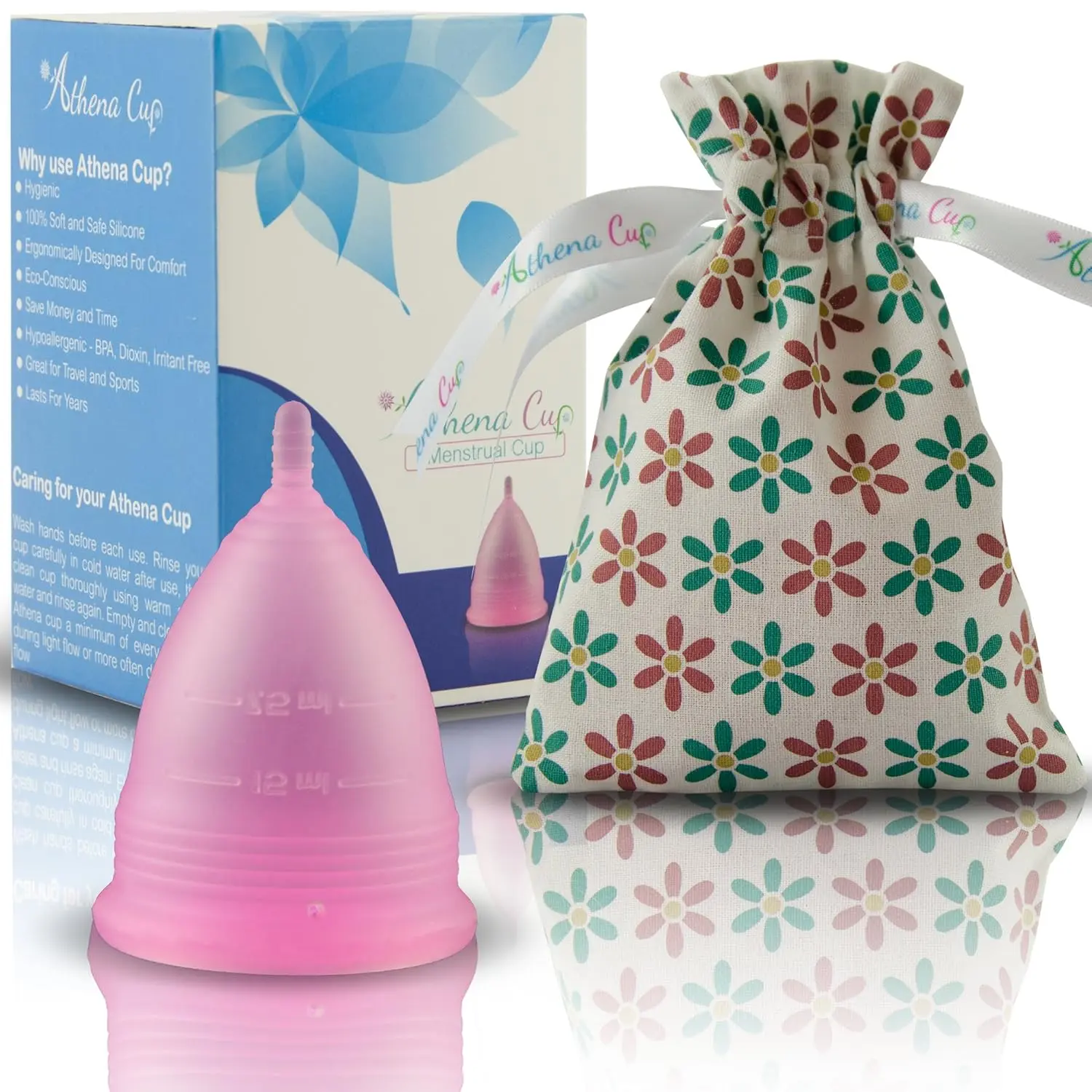 Athena reusable menstrual cup in larger size, made of soft silicone with form fit rim for easy insertion and up to 12 hours of protection.