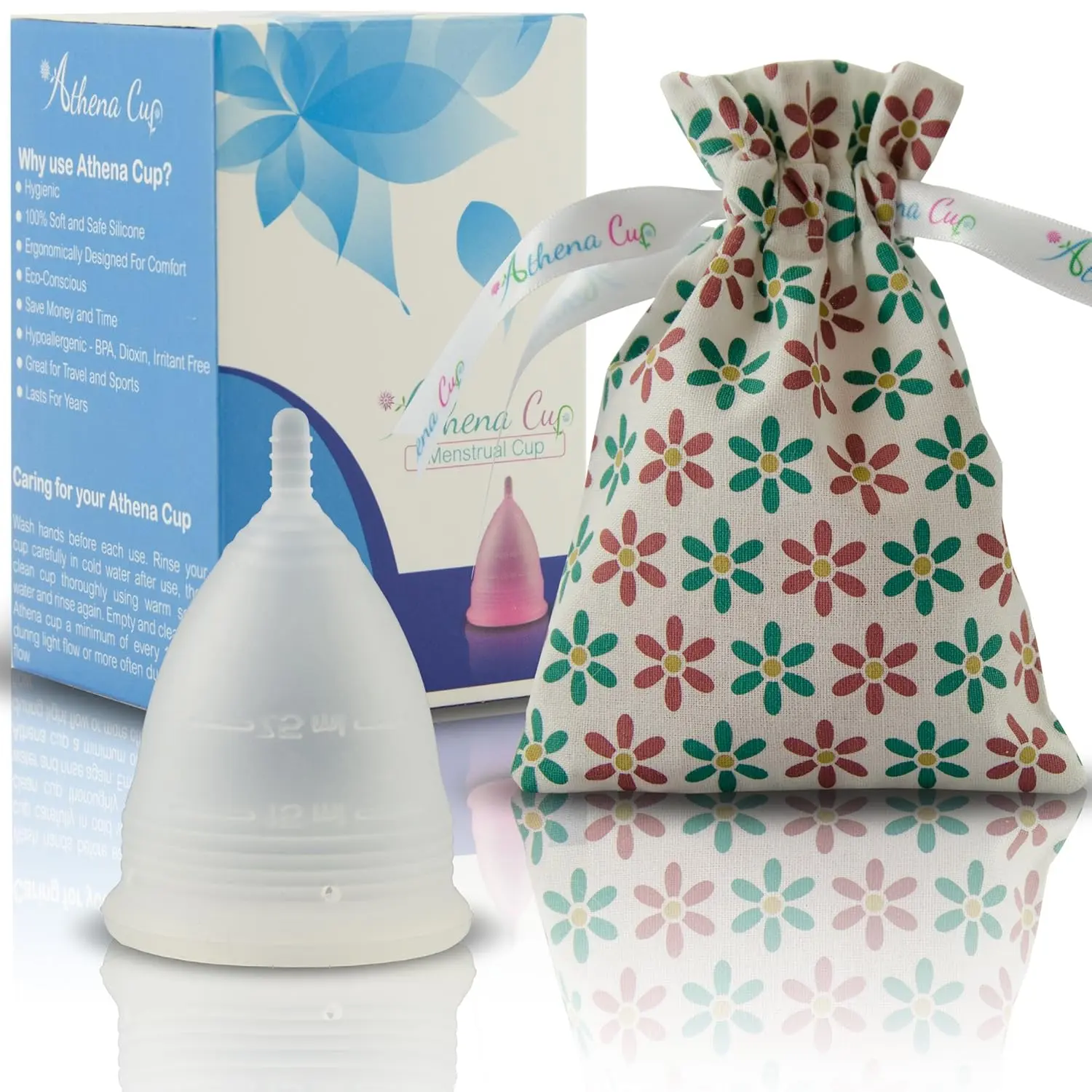 Athena reusable menstrual cup in larger size, made of soft silicone with form fit rim for easy insertion and up to 12 hours of protection.