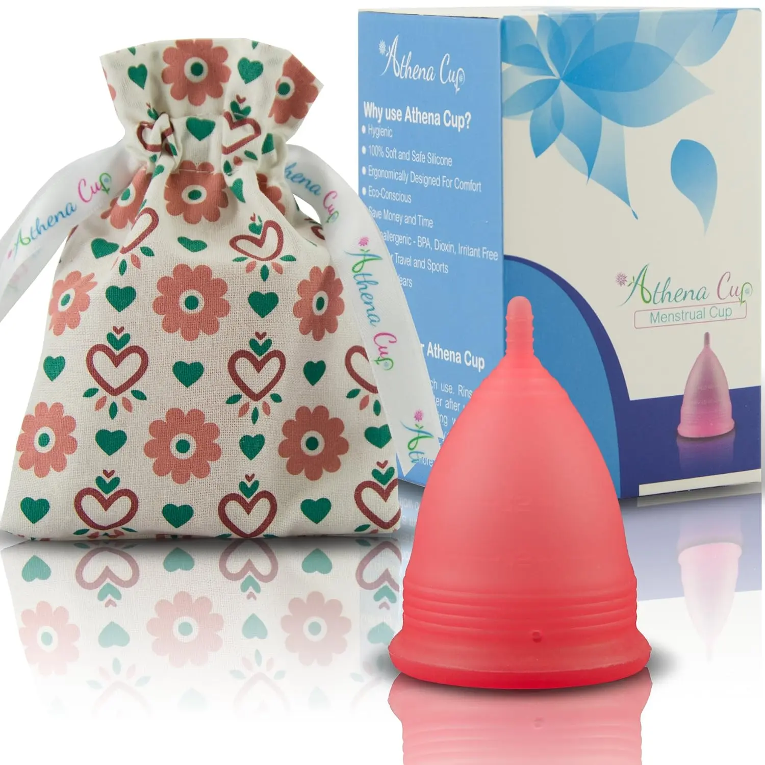 Athena reusable menstrual cup in larger size, made of soft silicone with form fit rim for easy insertion and up to 12 hours of protection.