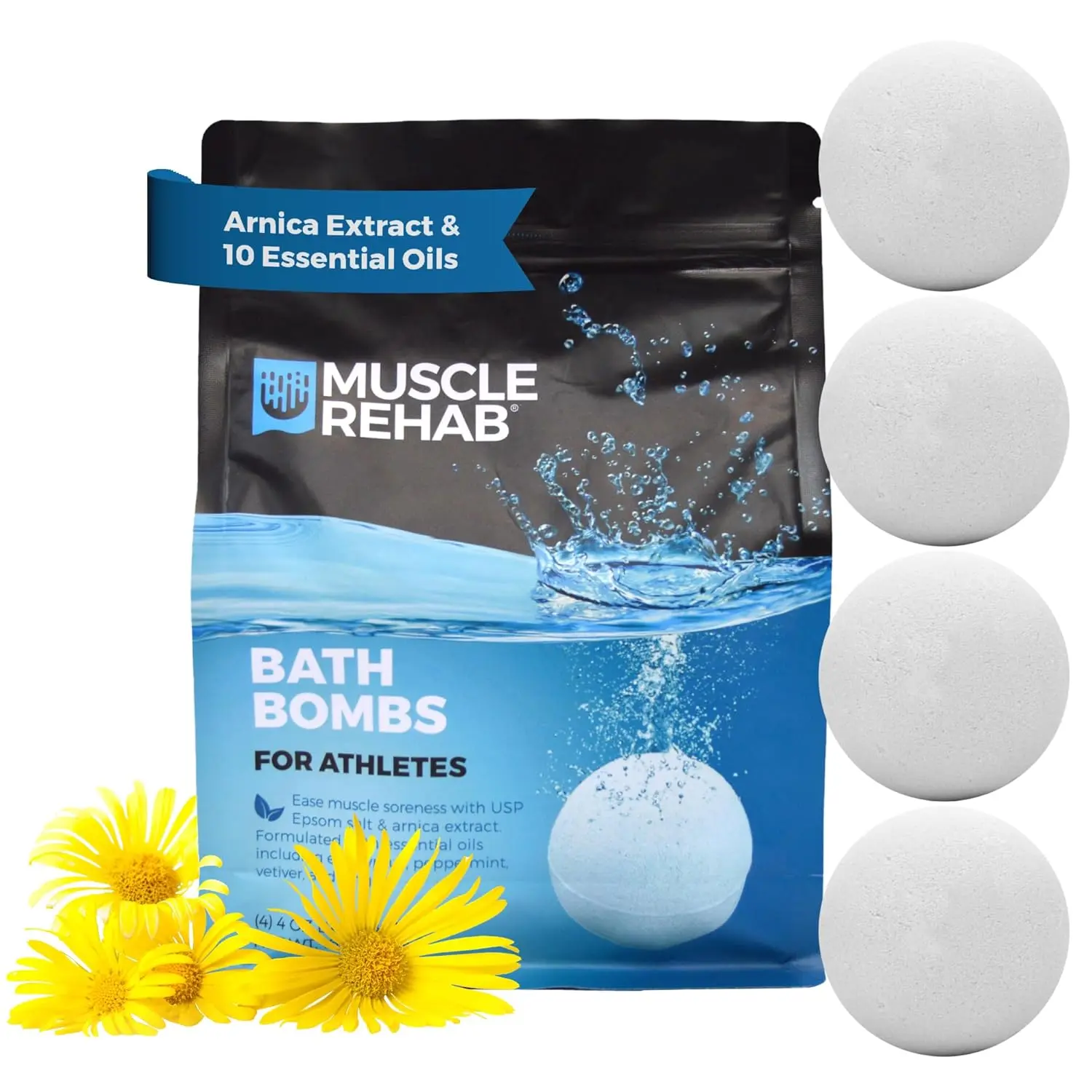 White bath bombs for athletes with magnesium-rich Epsom salts to revive tired muscles, refresh the body, relax, and calm.