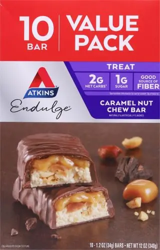 One Atkins Endulge Caramel Nut Chew bar featuring peanuts, nougat, a caramel layer, and chocolate coating, with 6 grams of fiber per serving.