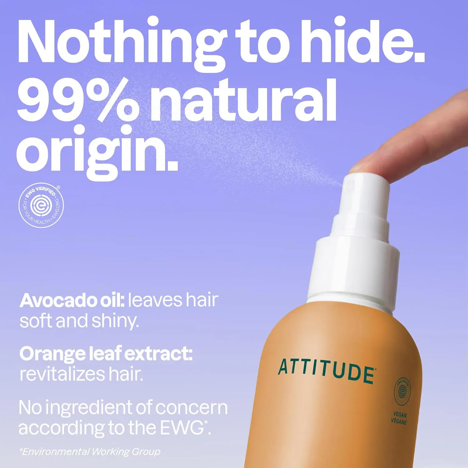 ATTITUDE vegan detangling spray with plant-based ingredients, featuring a soothing orange blossom and eucalyptus fragrance, is EWG Verified for clean and safe hair care, leaving hair soft and manageable.