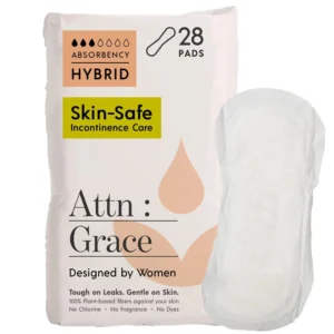 ATTN: GRACE moderate absorbency incontinence pads designed for women with bladder leakage, made with breathable plant-based materials for odor control and comfort.