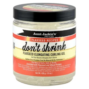 A 15oz jar of Aunt Jackie's Don't Shrink Curling Gel, formulated with omega fatty acids to stretch shriveling curls, improve hair health, and is free of sulfates, parabens, mineral oil, and petrolatum.