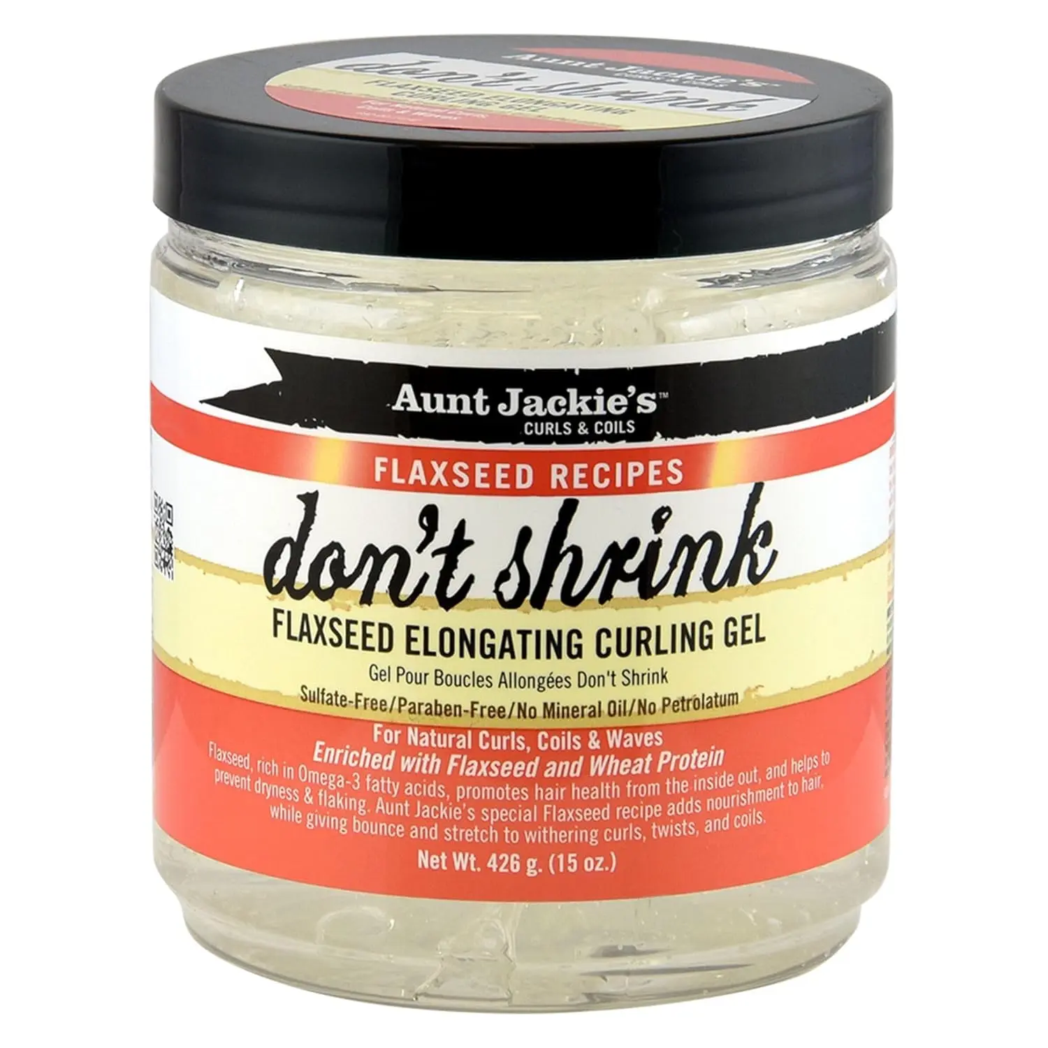A 15oz jar of Aunt Jackie's Don't Shrink Curling Gel, formulated with omega fatty acids to stretch shriveling curls, improve hair health, and is free of sulfates, parabens, mineral oil, and petrolatum.