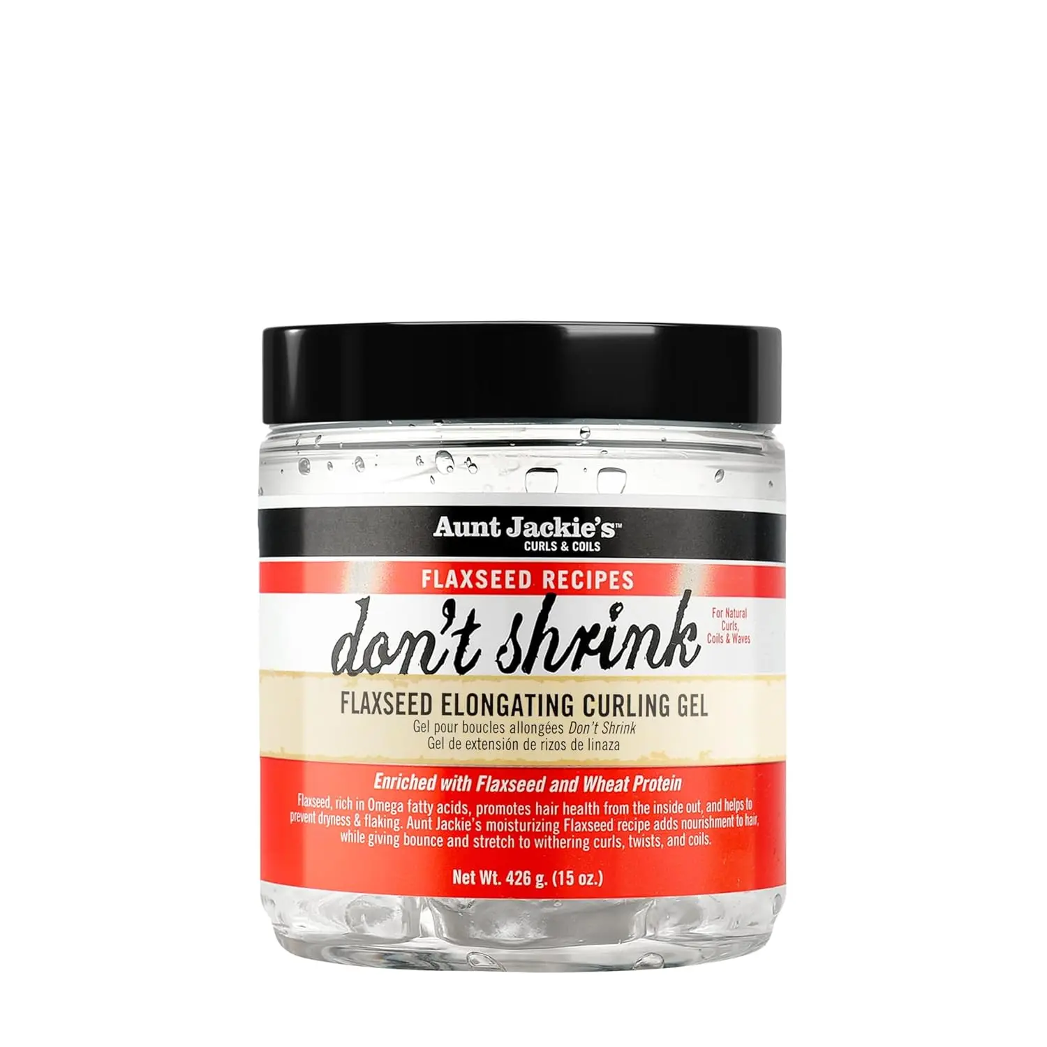 A 15oz jar of Aunt Jackie's Don't Shrink Curling Gel, formulated with omega fatty acids to stretch shriveling curls, improve hair health, and is free of sulfates, parabens, mineral oil, and petrolatum.