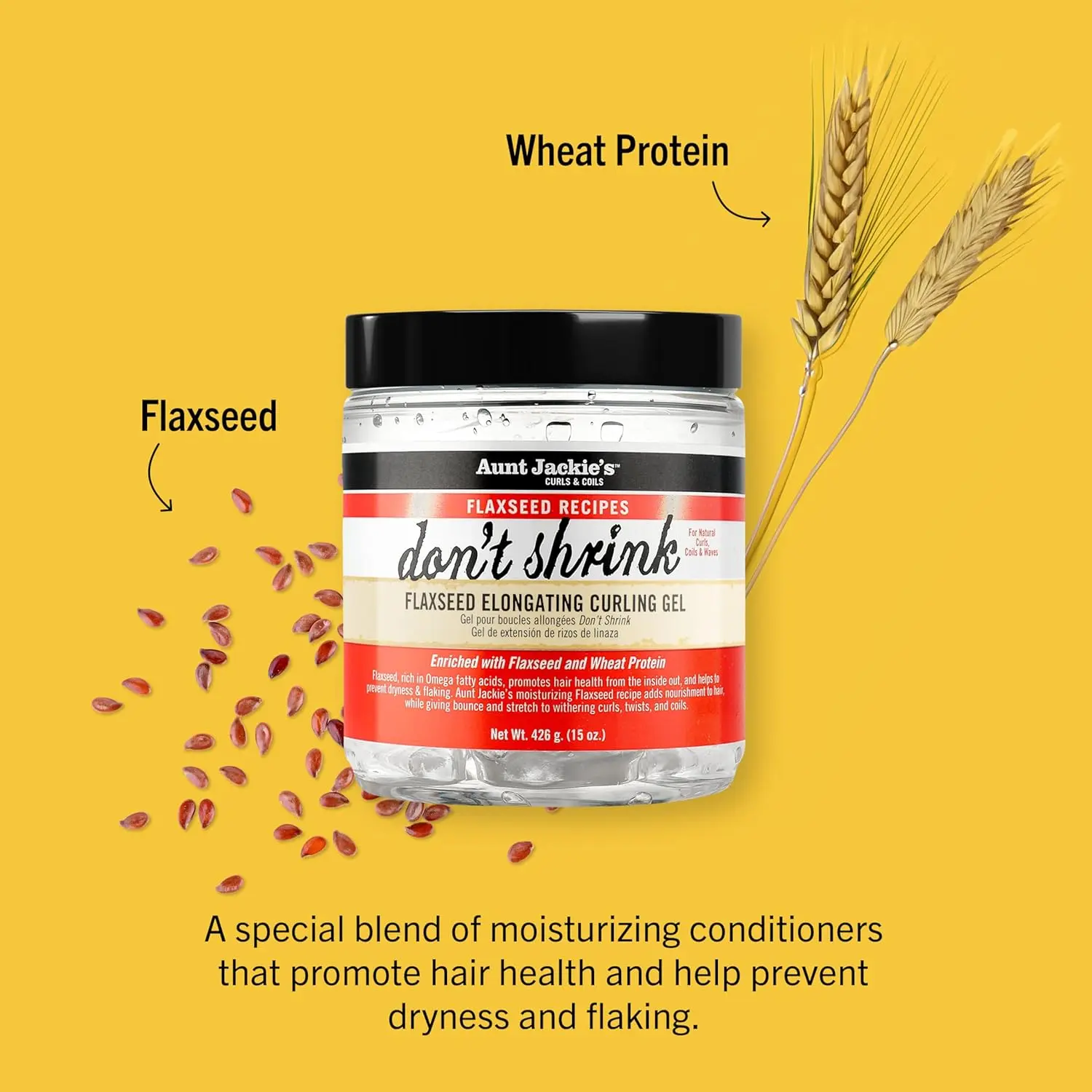 A 15oz jar of Aunt Jackie's Don't Shrink Curling Gel, formulated with omega fatty acids to stretch shriveling curls, improve hair health, and is free of sulfates, parabens, mineral oil, and petrolatum.