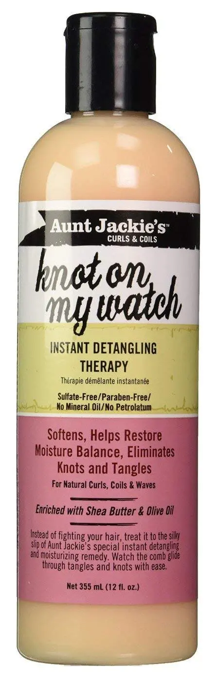 Two bottles of Aunt Jackie's Knot On My Watch detangling therapy enriched with shea butter and olive oil for natural curls.