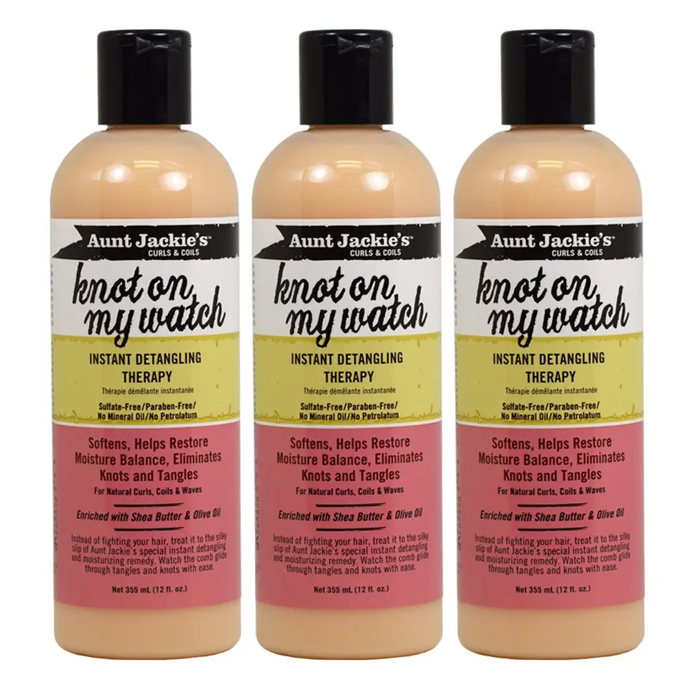 Three bottles of Aunt Jackie's Knot On My Watch Detangling Therapy conditioner, each containing 12 ounces, for gentle hair detangling.