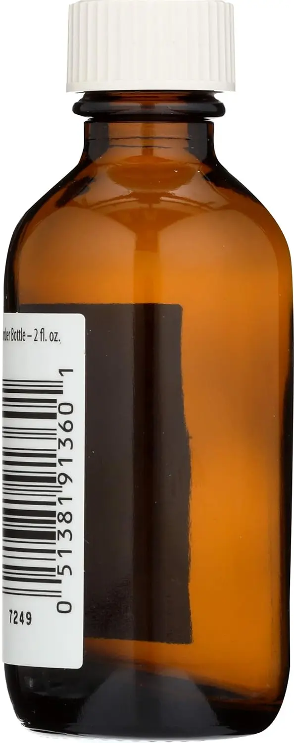 This is a 2 fl. oz. amber glass Aura Cacia bottle with a writable label, perfect for storing homemade body care products.
