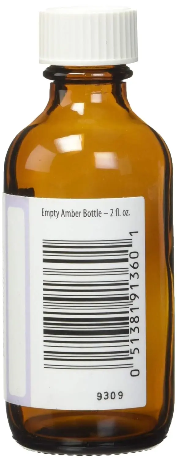 This is a 2 fl. oz. amber glass Aura Cacia bottle with a writable label, perfect for storing homemade body care products.