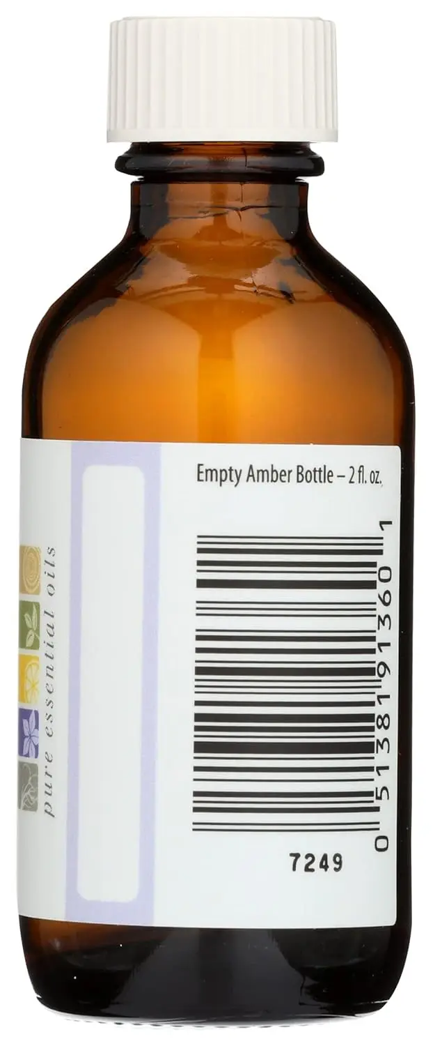This is a 2 fl. oz. amber glass Aura Cacia bottle with a writable label, perfect for storing homemade body care products.
