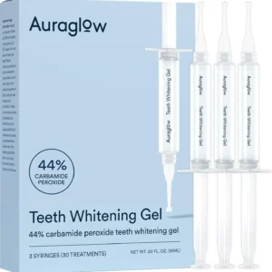 This image shows a pack of three Auraglow teeth whitening gel refill syringes containing 44% carbamide peroxide for up to 30 treatments.