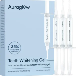 Three AuraGlow teeth whitening gel syringes containing 35% carbamide peroxide, providing up to 30 treatments for a brighter smile.