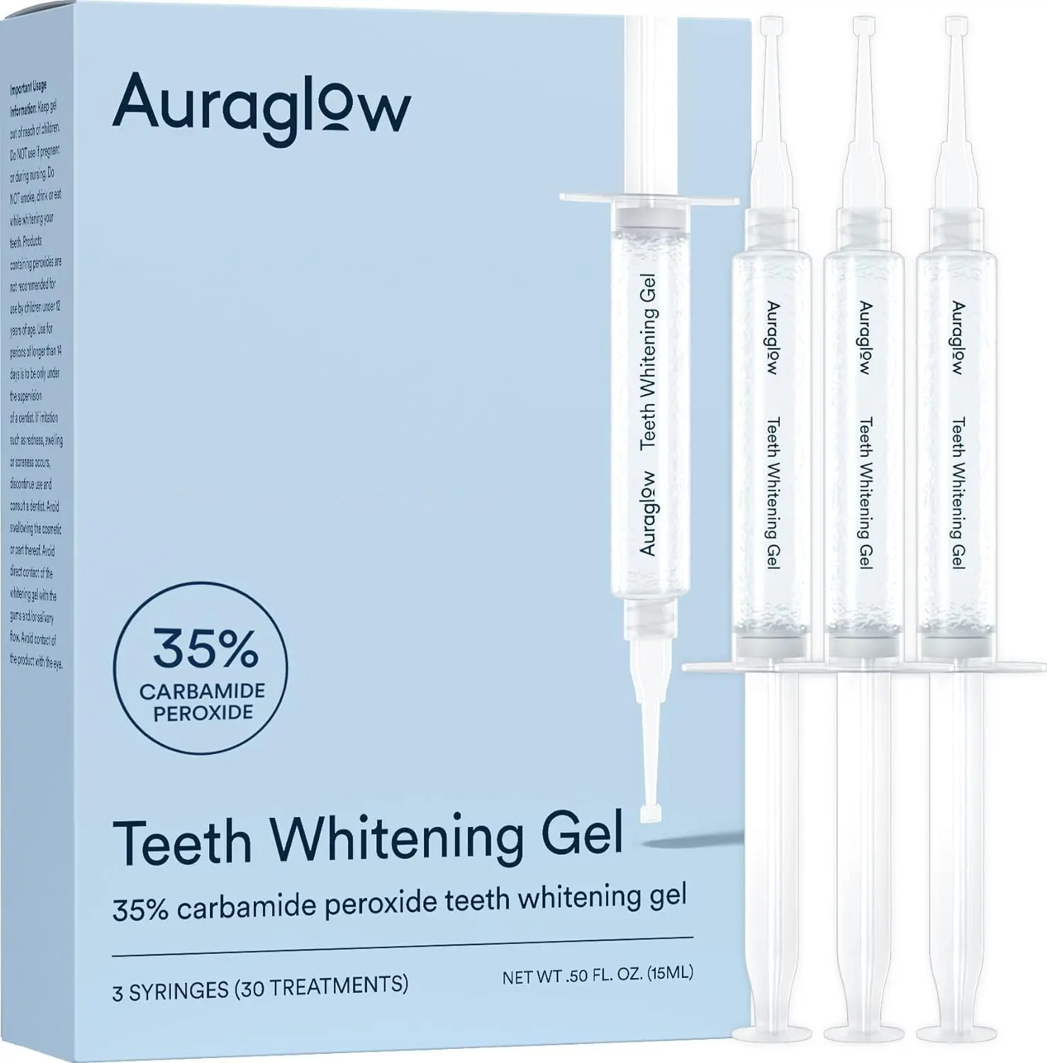 Three AuraGlow teeth whitening gel syringes containing 35% carbamide peroxide, providing up to 30 treatments for a brighter smile.