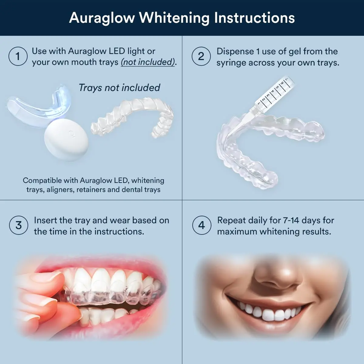 Three AuraGlow teeth whitening gel syringes containing 35% carbamide peroxide, providing up to 30 treatments for a brighter smile.