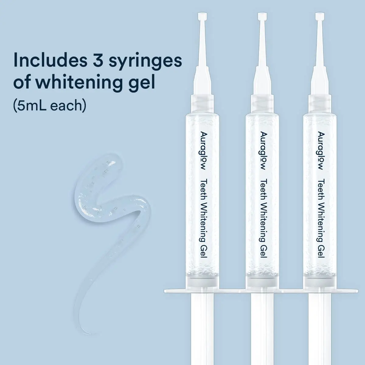 Three AuraGlow teeth whitening gel syringes containing 35% carbamide peroxide, providing up to 30 treatments for a brighter smile.