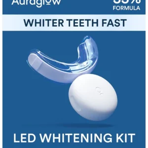 AuraGlow teeth whitener kit with LED light and two 5ml 35% carbamide peroxide gel syringes.