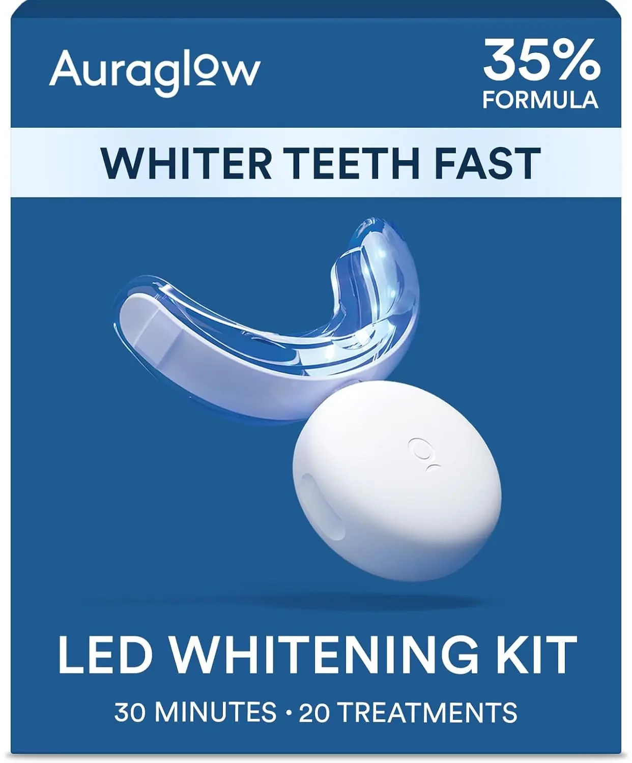 AuraGlow teeth whitener kit with LED light and two 5ml 35% carbamide peroxide gel syringes.