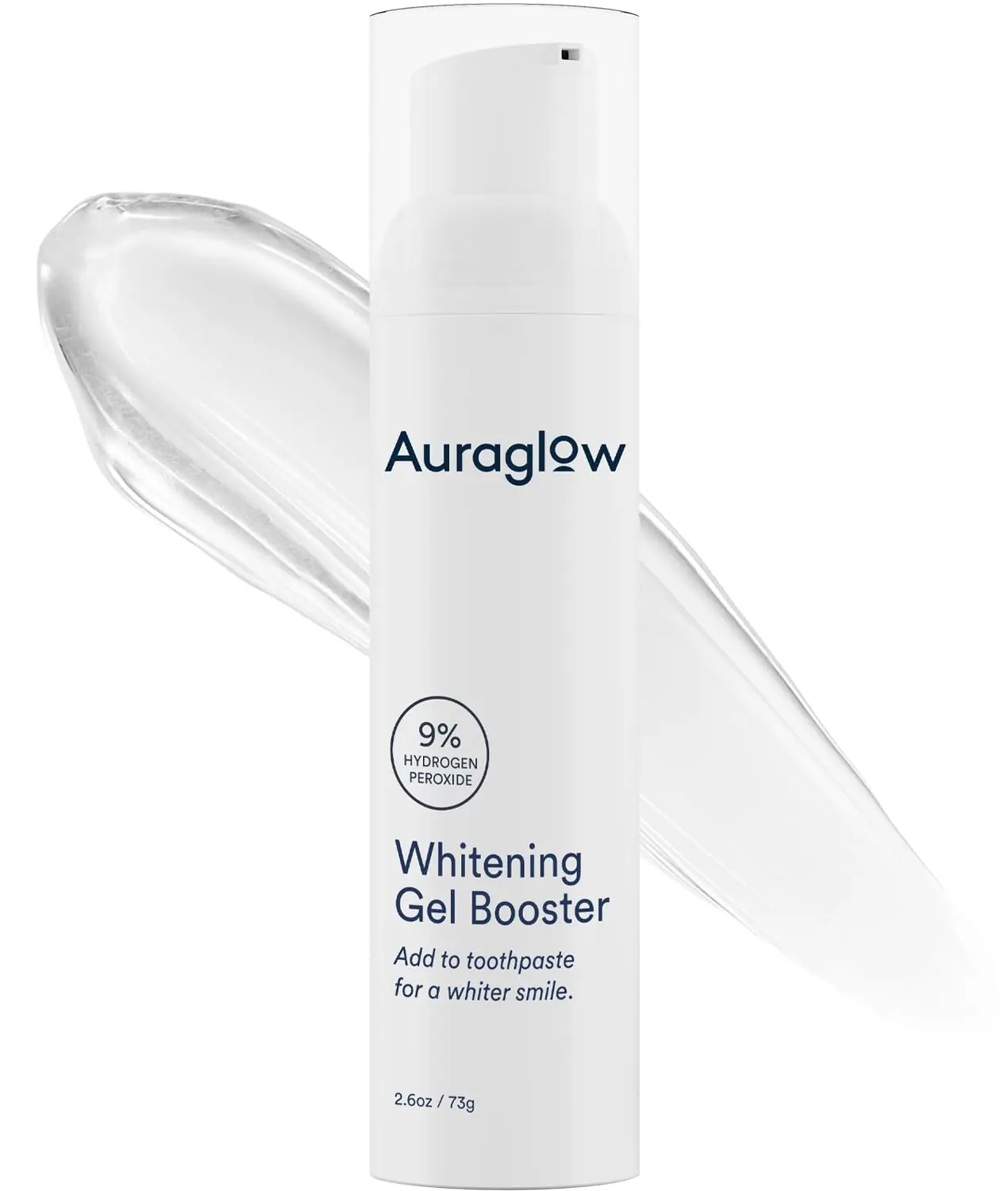 AuraGlow teeth whitener kit with LED light and two 5ml 35% carbamide peroxide gel syringes.