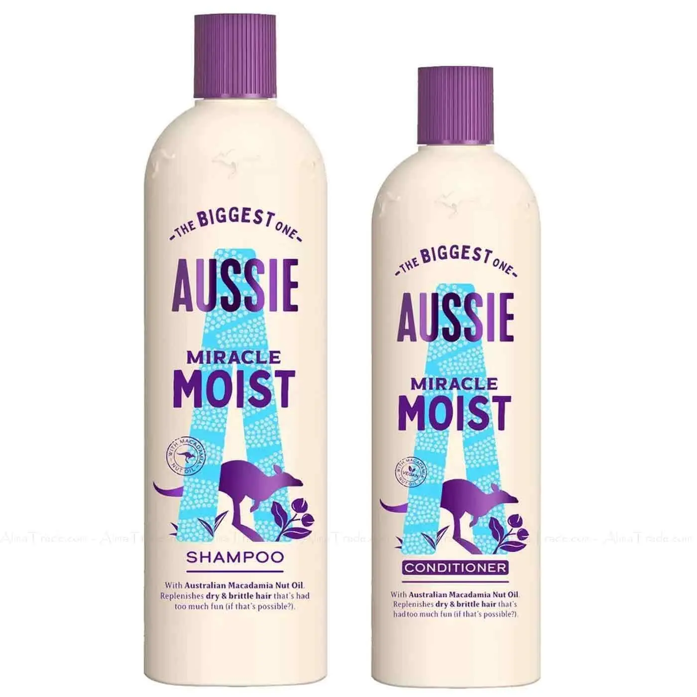 Aussie Miracle Moist shampoo and conditioner set infused with macadamia nut oil, hydrating dry and thirsty hair.