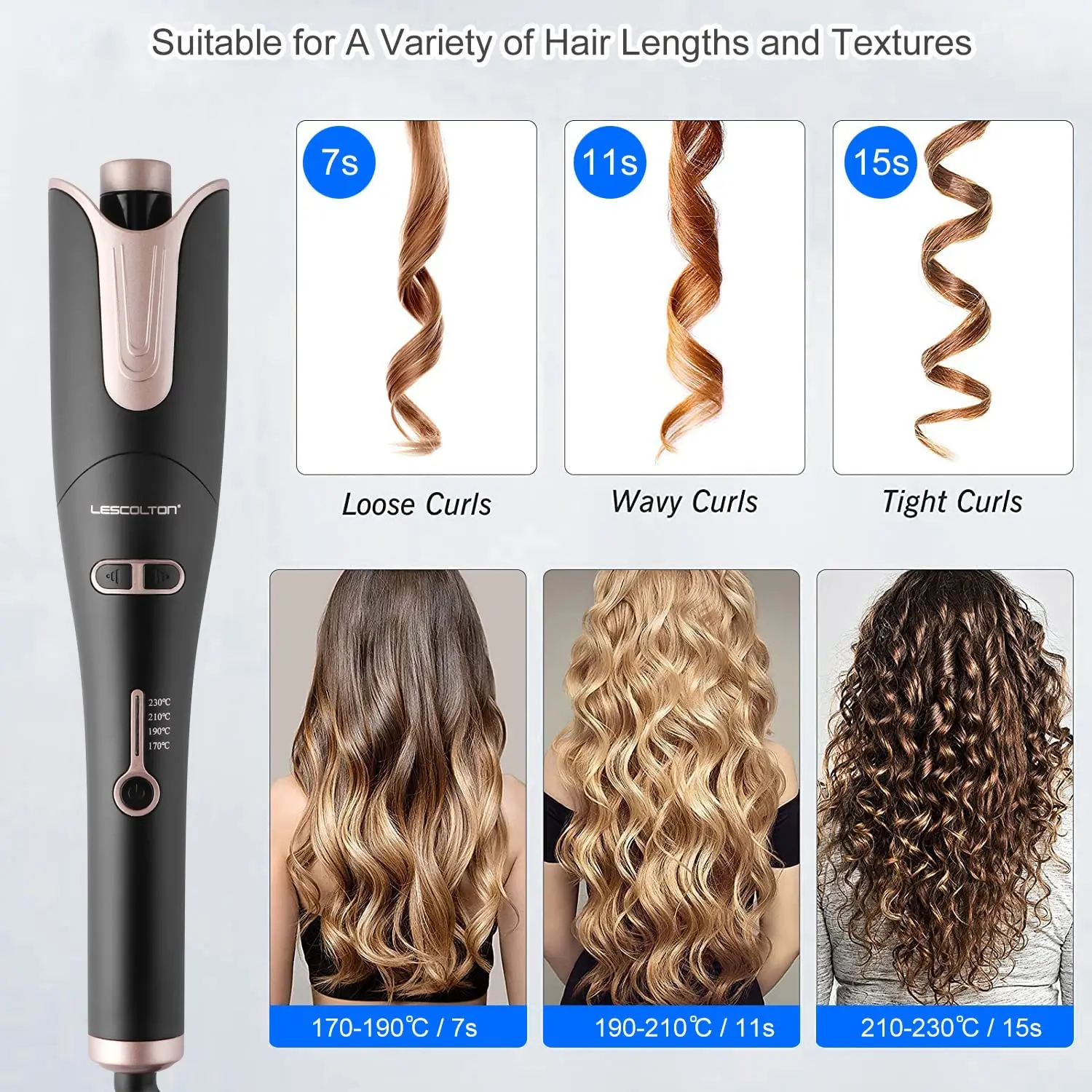 The automatic curling iron features adjustable temperature settings and a rotating cord, making it easy to create beautiful curls at home for all ages.