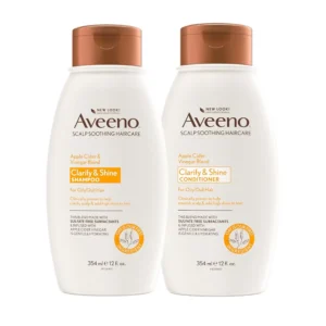 Aveeno Apple Cider Vinegar shampoo with oat extract gently clarifies the scalp, adding high shine and volume to dull hair.