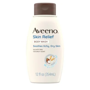 Twelve-fluid ounce bottle of Aveeno Skin Relief Body Wash with coconut scent and soothing oat cleanses and relieves dry, itchy, and sensitive skin.