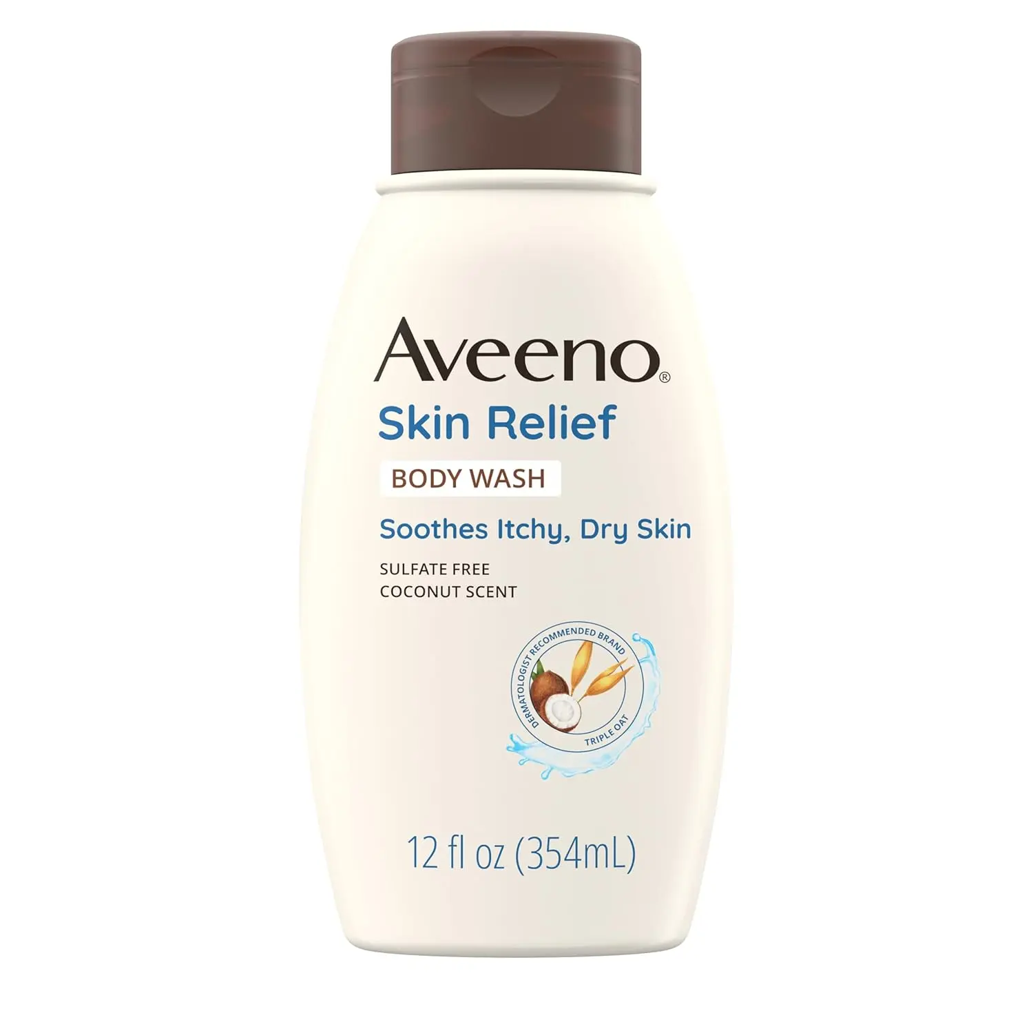 Twelve-fluid ounce bottle of Aveeno Skin Relief Body Wash with coconut scent and soothing oat cleanses and relieves dry, itchy, and sensitive skin.