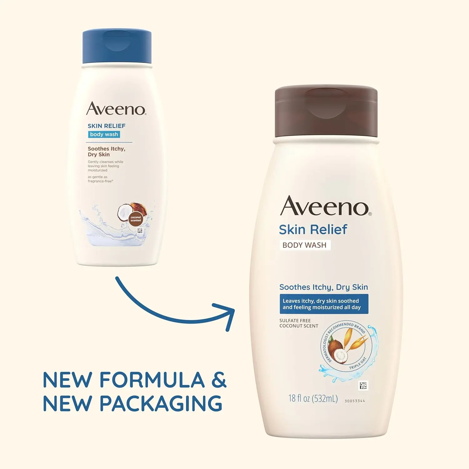 Twelve-fluid ounce bottle of Aveeno Skin Relief Body Wash with coconut scent and soothing oat cleanses and relieves dry, itchy, and sensitive skin.