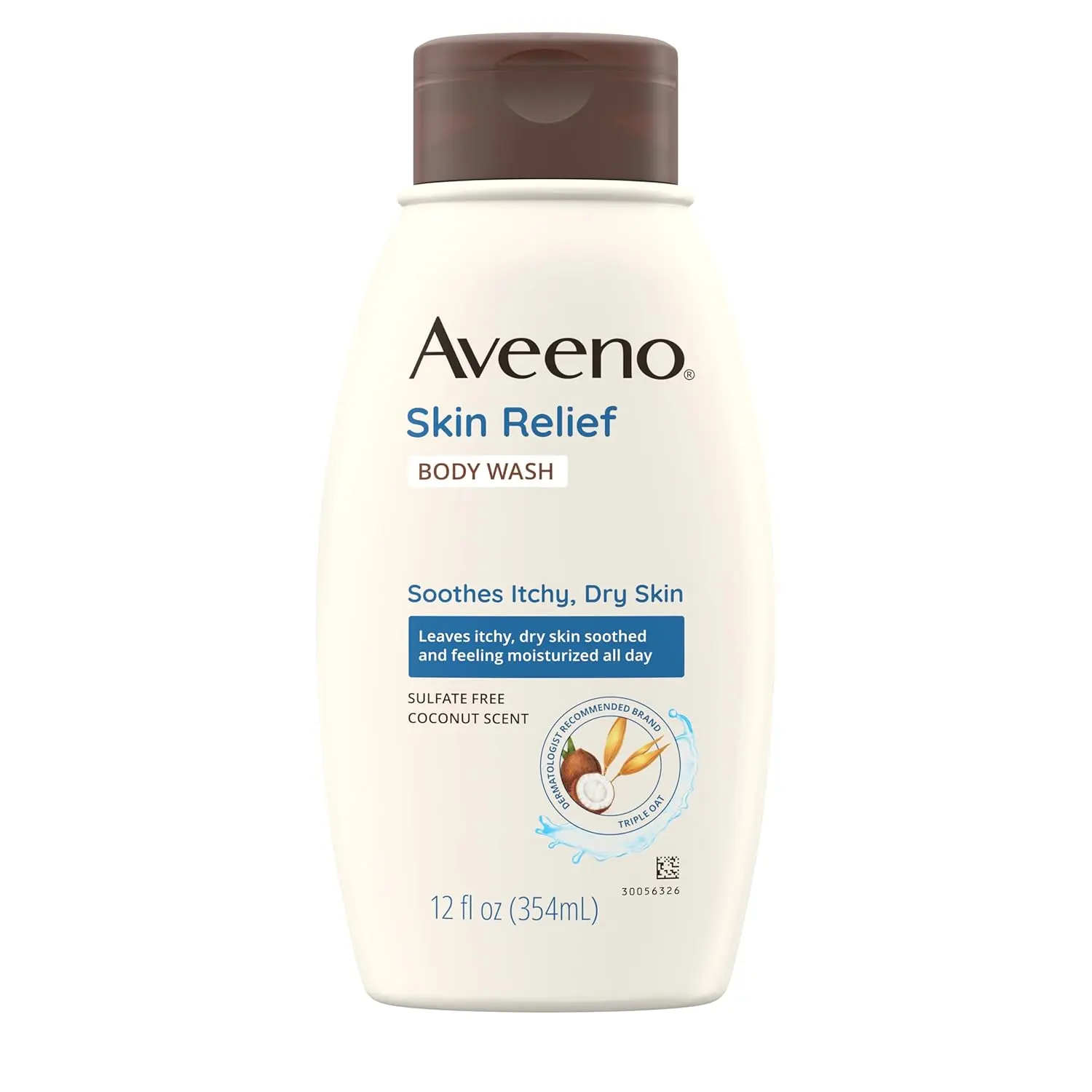 Twelve-fluid ounce bottle of Aveeno Skin Relief Body Wash with coconut scent and soothing oat cleanses and relieves dry, itchy, and sensitive skin.