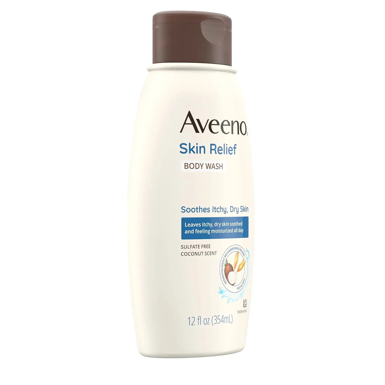 Twelve-fluid ounce bottle of Aveeno Skin Relief Body Wash with coconut scent and soothing oat cleanses and relieves dry, itchy, and sensitive skin.