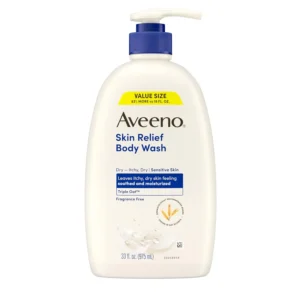 Bottle of Aveeno Skin Relief fragrance-free body wash formulated with soothing oat, designed for dry, itchy, and sensitive skin.