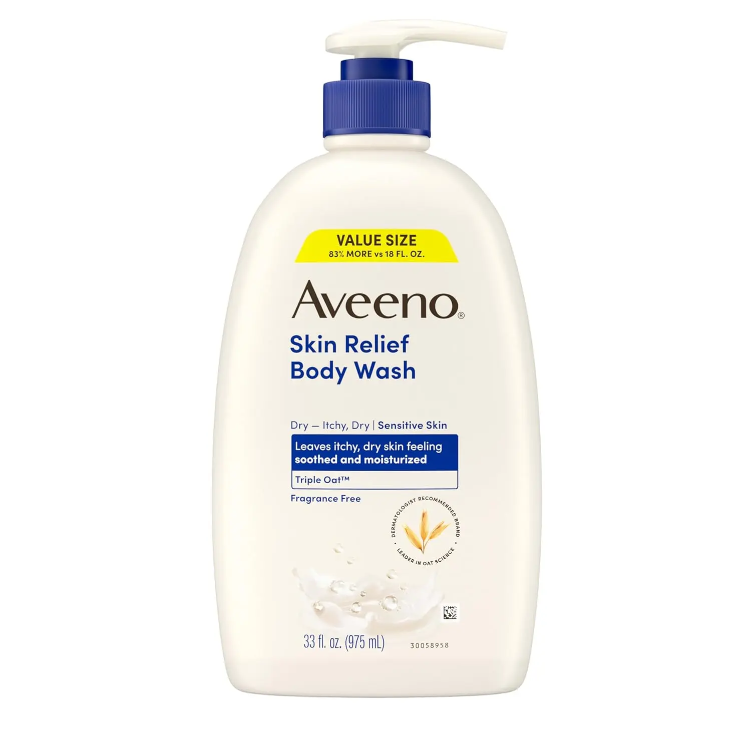 Bottle of Aveeno Skin Relief fragrance-free body wash formulated with soothing oat, designed for dry, itchy, and sensitive skin.