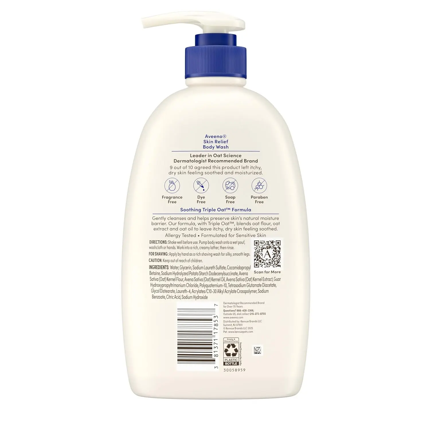 Bottle of Aveeno Skin Relief fragrance-free body wash formulated with soothing oat, designed for dry, itchy, and sensitive skin.