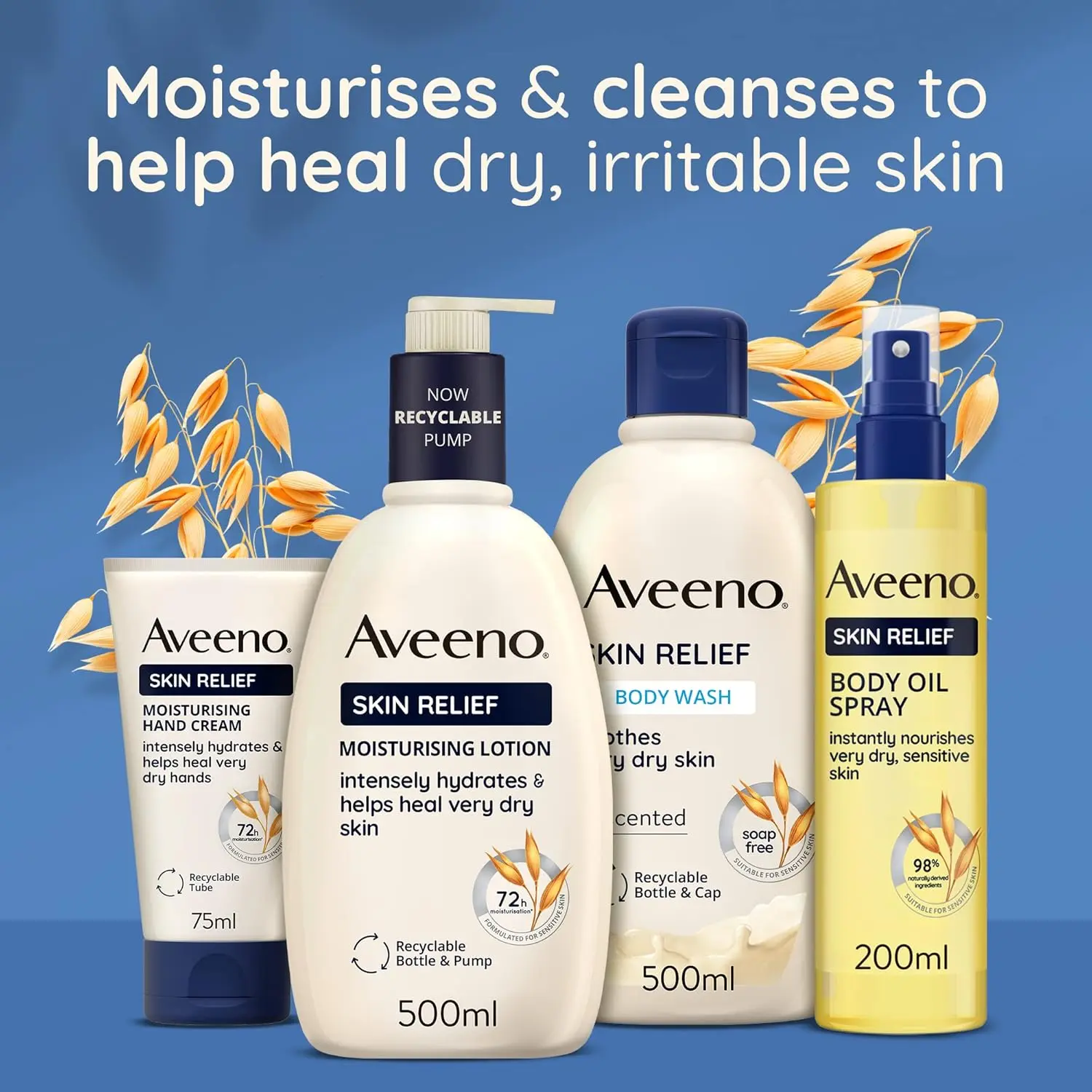 Aveeno Skin Relief Moisturising Body Wash gently cleanses and nourishes very dry, sensitive skin with its soothing Triple Oat Complex formula.