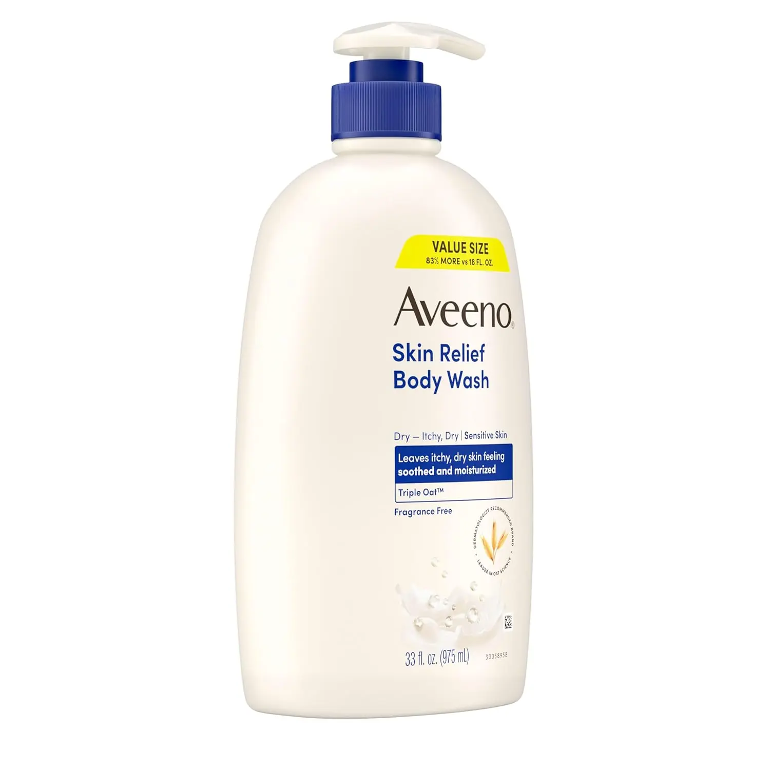 Bottle of Aveeno Skin Relief fragrance-free body wash formulated with soothing oat, designed for dry, itchy, and sensitive skin.