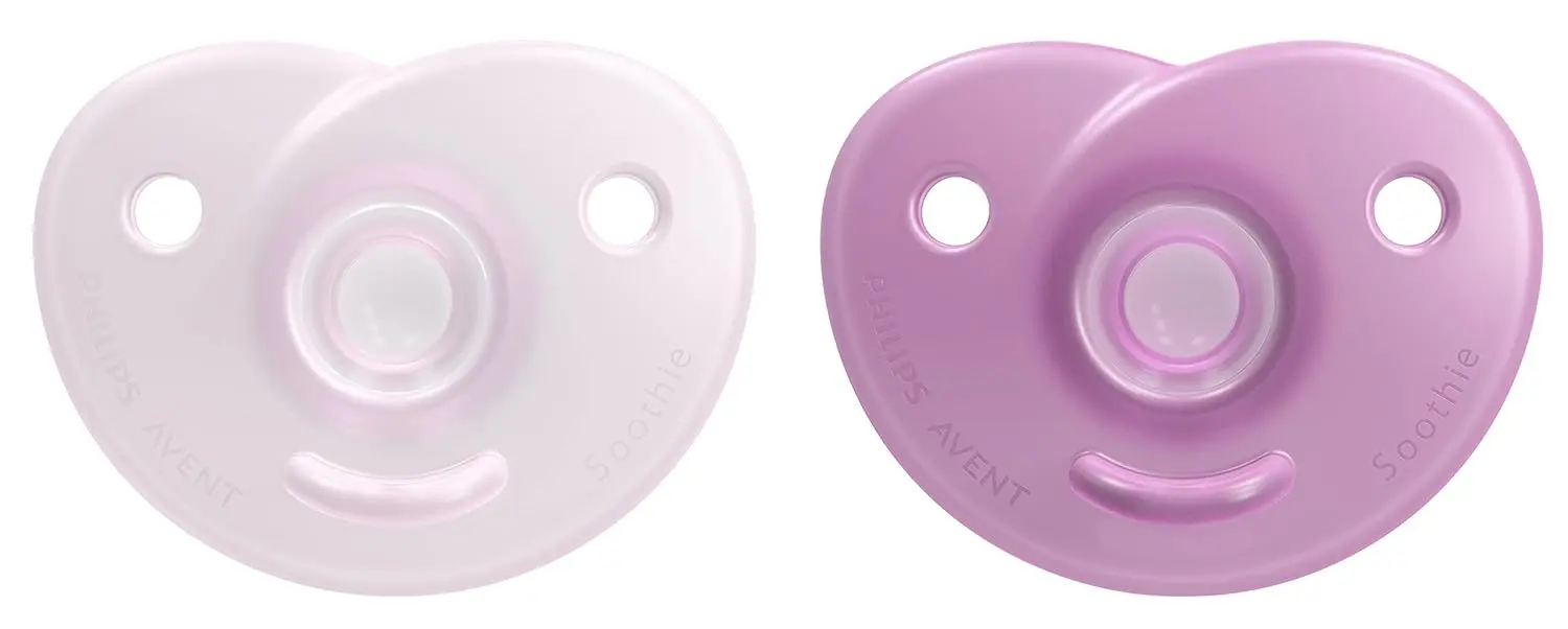 This Philips AVENT Soothie Heart pacifier 2-pack in pink and light pink is BPA-free, dishwasher safe, used in hospitals nationwide and compatible with most pacifier clips.