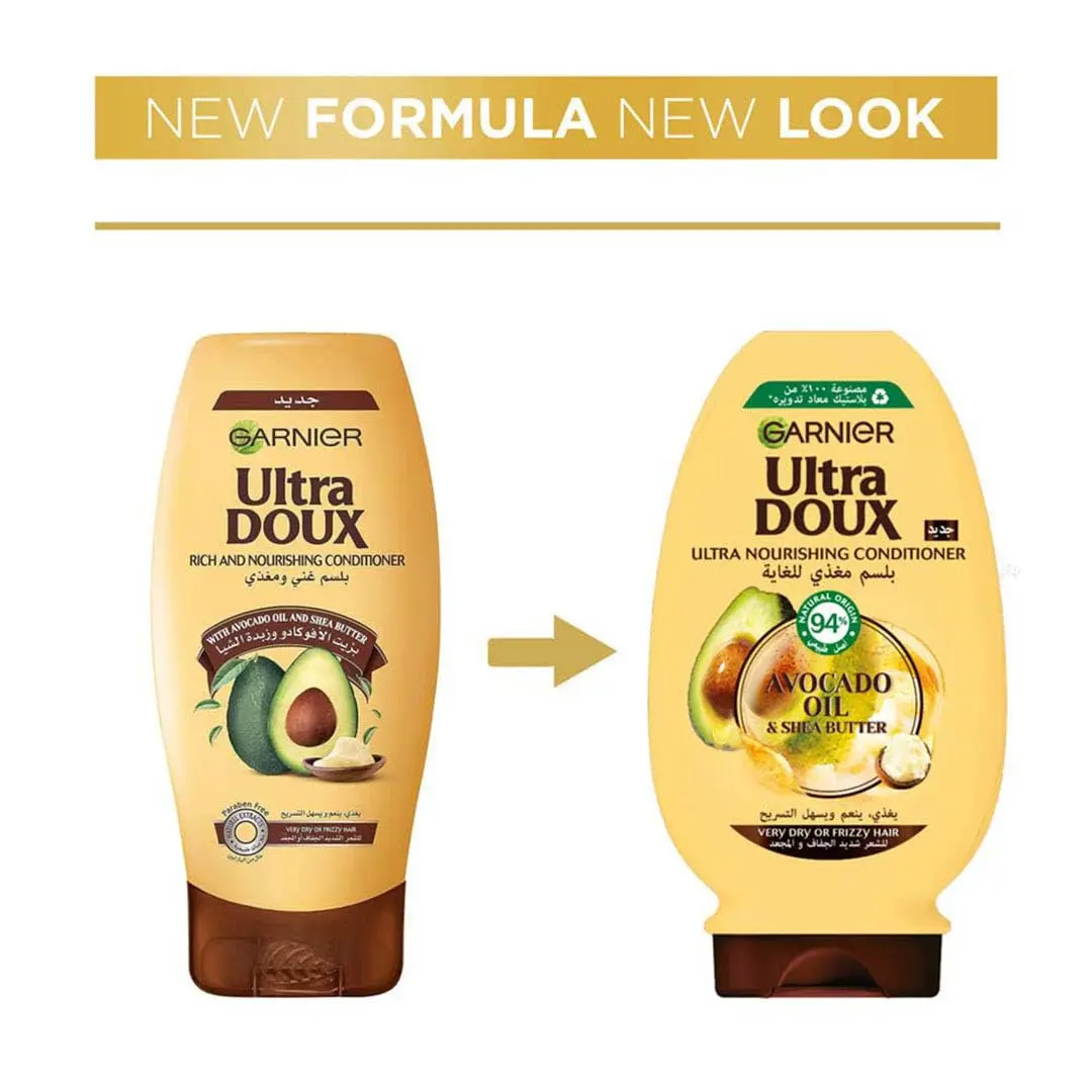 Garnier Ultra Doux Avocado Oil and Shea Butter conditioner deeply nourishes very dry, frizzy hair, leaving it soft and shiny.