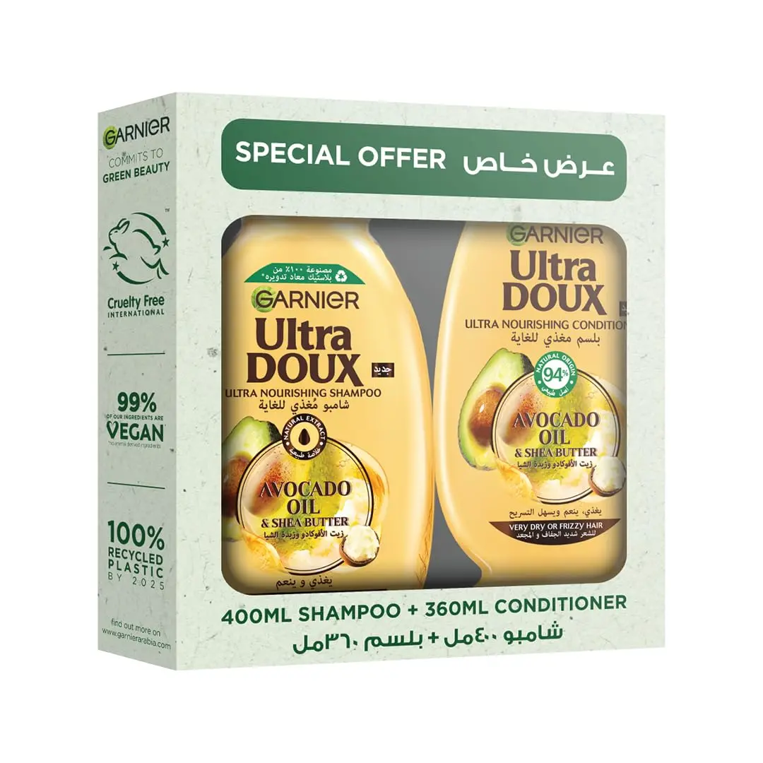 Garnier Ultra Doux avocado and shea butter shampoo and conditioner set deeply nourishes very dry, frizzy hair for a soft, shiny, and frizz-free result.